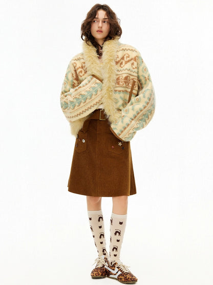 OuttheBlue Faux Fur Collar Loose Fit Casual Mid Length Geometric Women Polyester Jacket