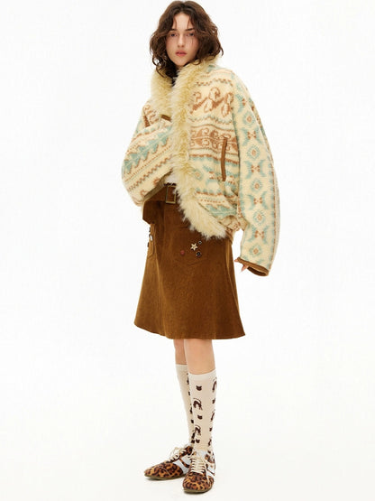 OuttheBlue Faux Fur Collar Loose Fit Casual Mid Length Geometric Women Polyester Jacket