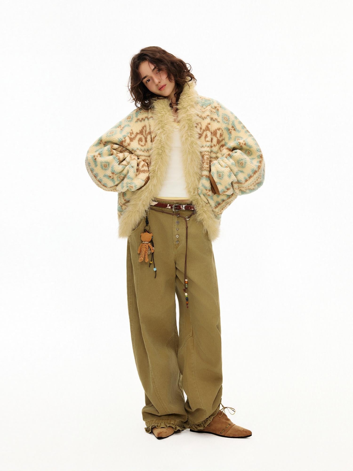 OuttheBlue Faux Fur Collar Loose Fit Casual Mid Length Geometric Women Polyester Jacket