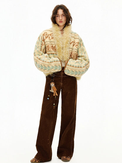 OuttheBlue Faux Fur Collar Loose Fit Casual Mid Length Geometric Women Polyester Jacket