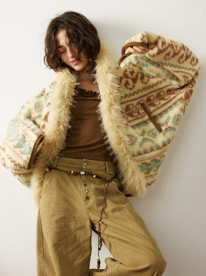 OuttheBlue Faux Fur Collar Loose Fit Casual Mid Length Geometric Women Polyester Jacket