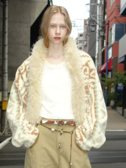 OuttheBlue Faux Fur Collar Loose Fit Casual Mid Length Geometric Women Polyester Jacket