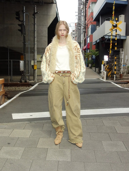 OuttheBlue Faux Fur Collar Loose Fit Casual Mid Length Geometric Women Polyester Jacket