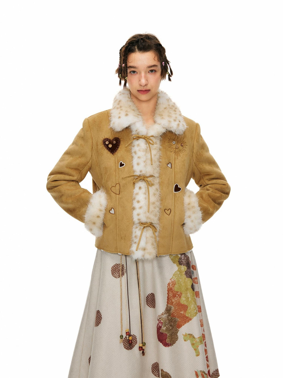 OuttheBlue Faux Fur Lined Slim Casual Tie Front Lapel Women Khaki Heart Short Jackets