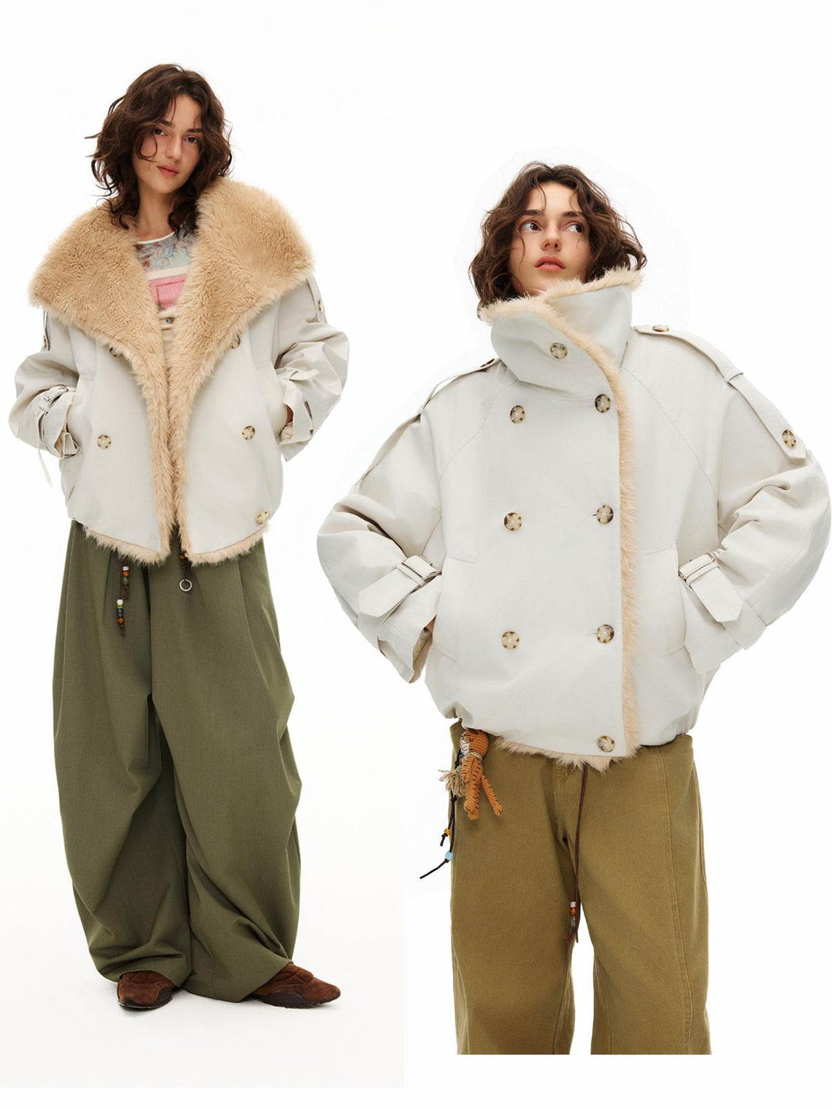 OuttheBlue Faux Fur Trim Big Lapel Long Sleeve Commute Women&