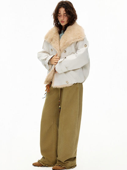 OuttheBlue Faux Fur Trim Big Lapel Long Sleeve Commute Women&