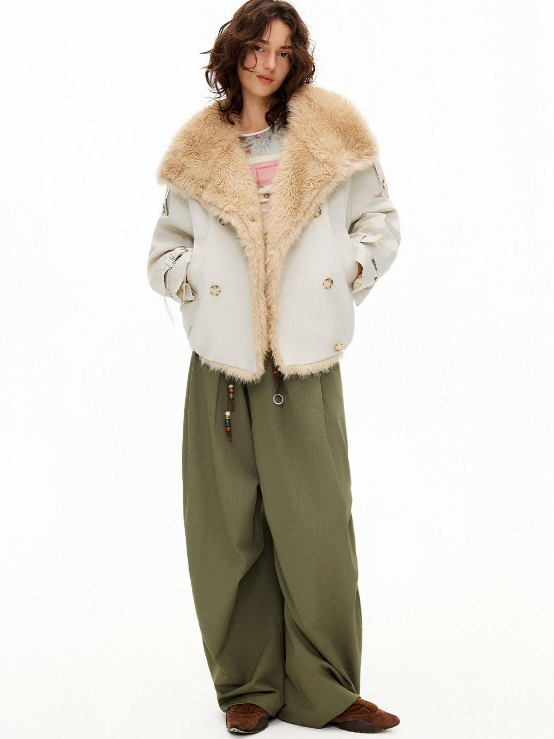OuttheBlue Faux Fur Trim Big Lapel Long Sleeve Commute Women&