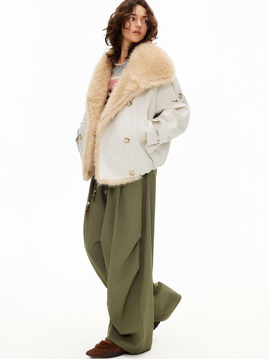 OuttheBlue Faux Fur Trim Big Lapel Long Sleeve Commute Women&
