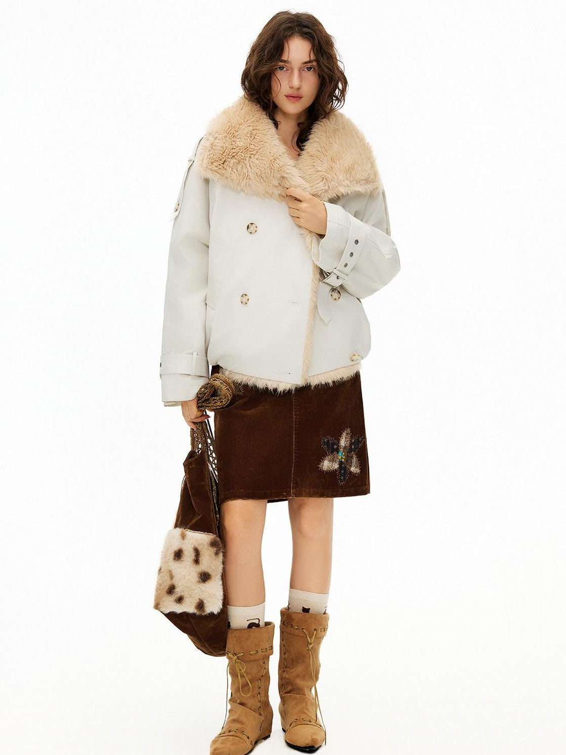 OuttheBlue Faux Fur Trim Big Lapel Long Sleeve Commute Women&