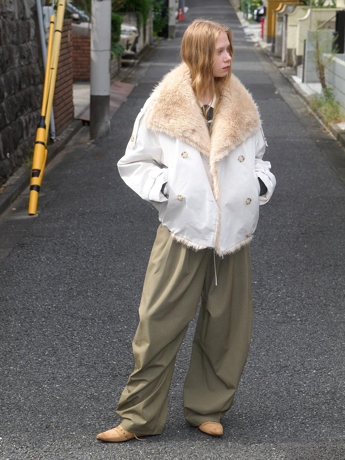 OuttheBlue Faux Fur Trim Big Lapel Long Sleeve Commute Women&