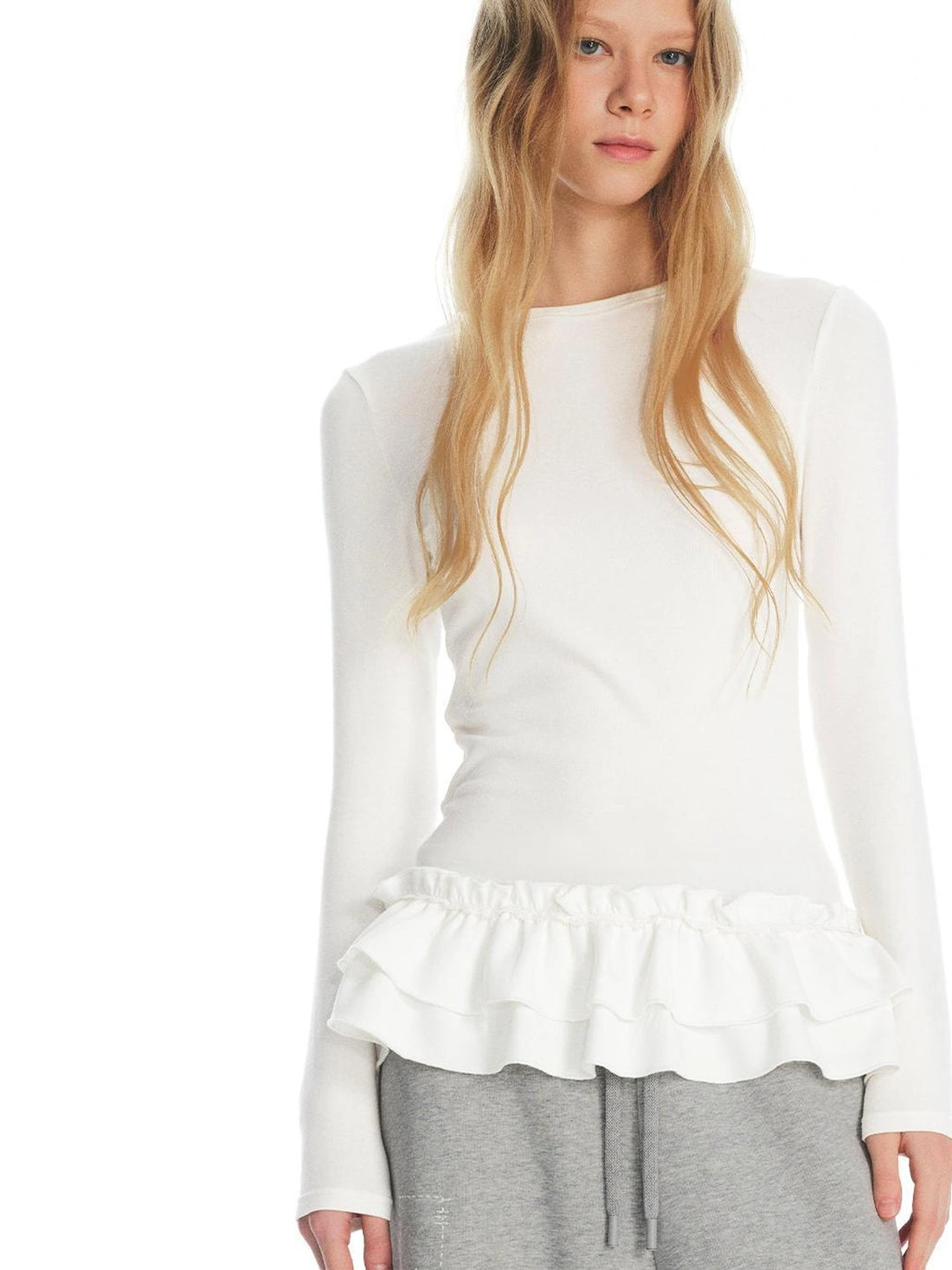 OuttheBlue Flared Hem Crochet Detail Slim Fit Long Sleeve V-neck Top