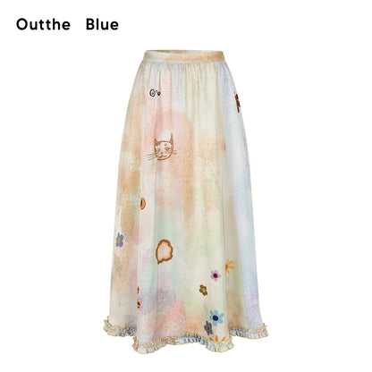 OuttheBlue Flattering High Waist Floral A Line Fresh Aesthetic Casual Day Maxi Skirts