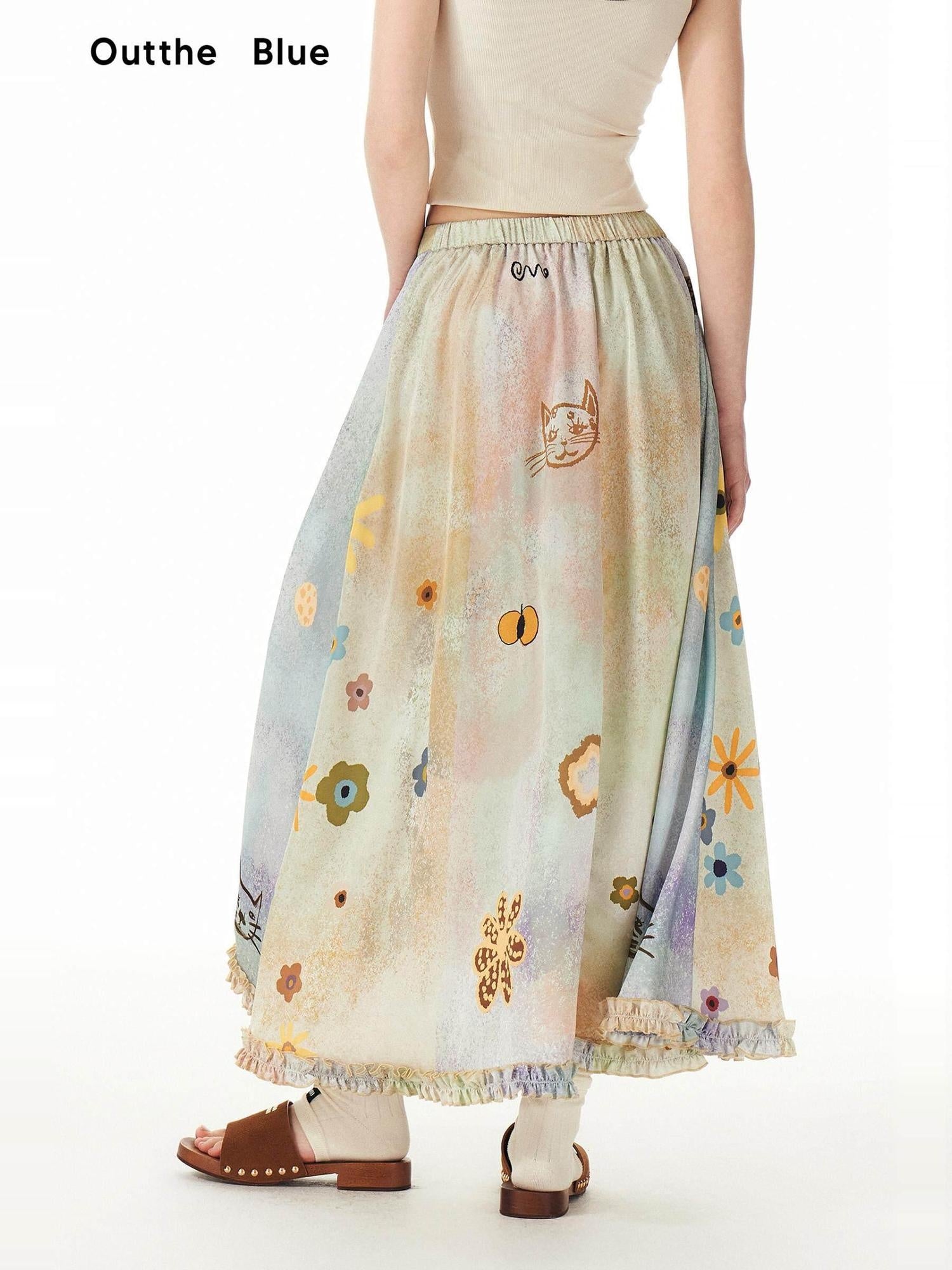 OuttheBlue Flattering High Waist Floral A Line Fresh Aesthetic Casual Day Maxi Skirts