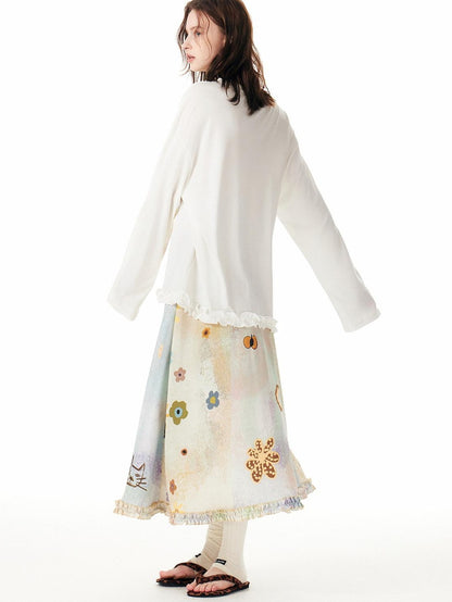 OuttheBlue Flattering High Waist Floral A Line Fresh Aesthetic Casual Day Maxi Skirts