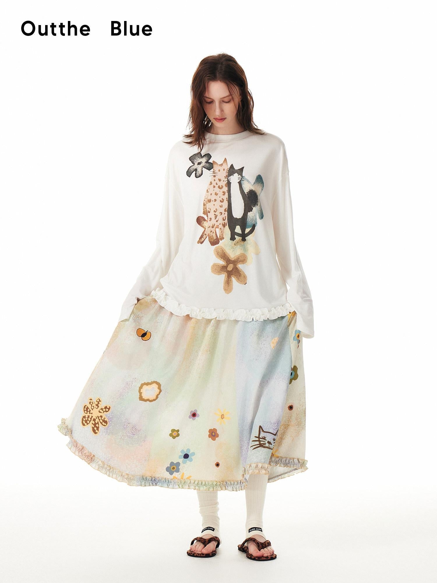 OuttheBlue Flattering High Waist Floral A Line Fresh Aesthetic Casual Day Maxi Skirts