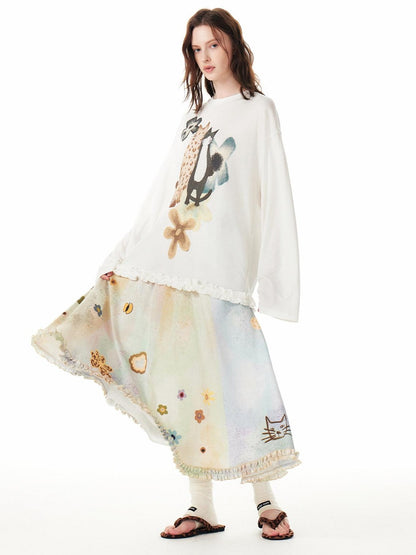 OuttheBlue Flattering High Waist Floral A Line Fresh Aesthetic Casual Day Maxi Skirts