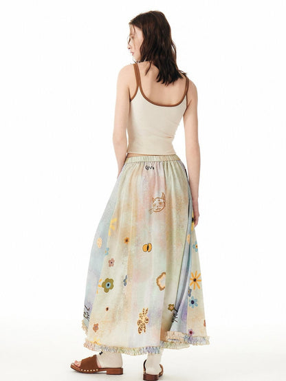 OuttheBlue Flattering High Waist Floral A Line Fresh Aesthetic Casual Day Maxi Skirts