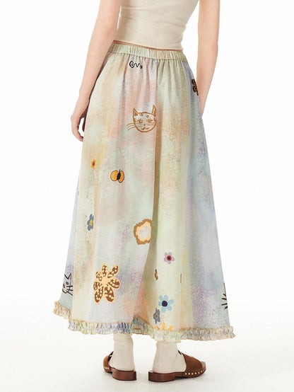 OuttheBlue Flattering High Waist Floral A Line Fresh Aesthetic Casual Day Maxi Skirts