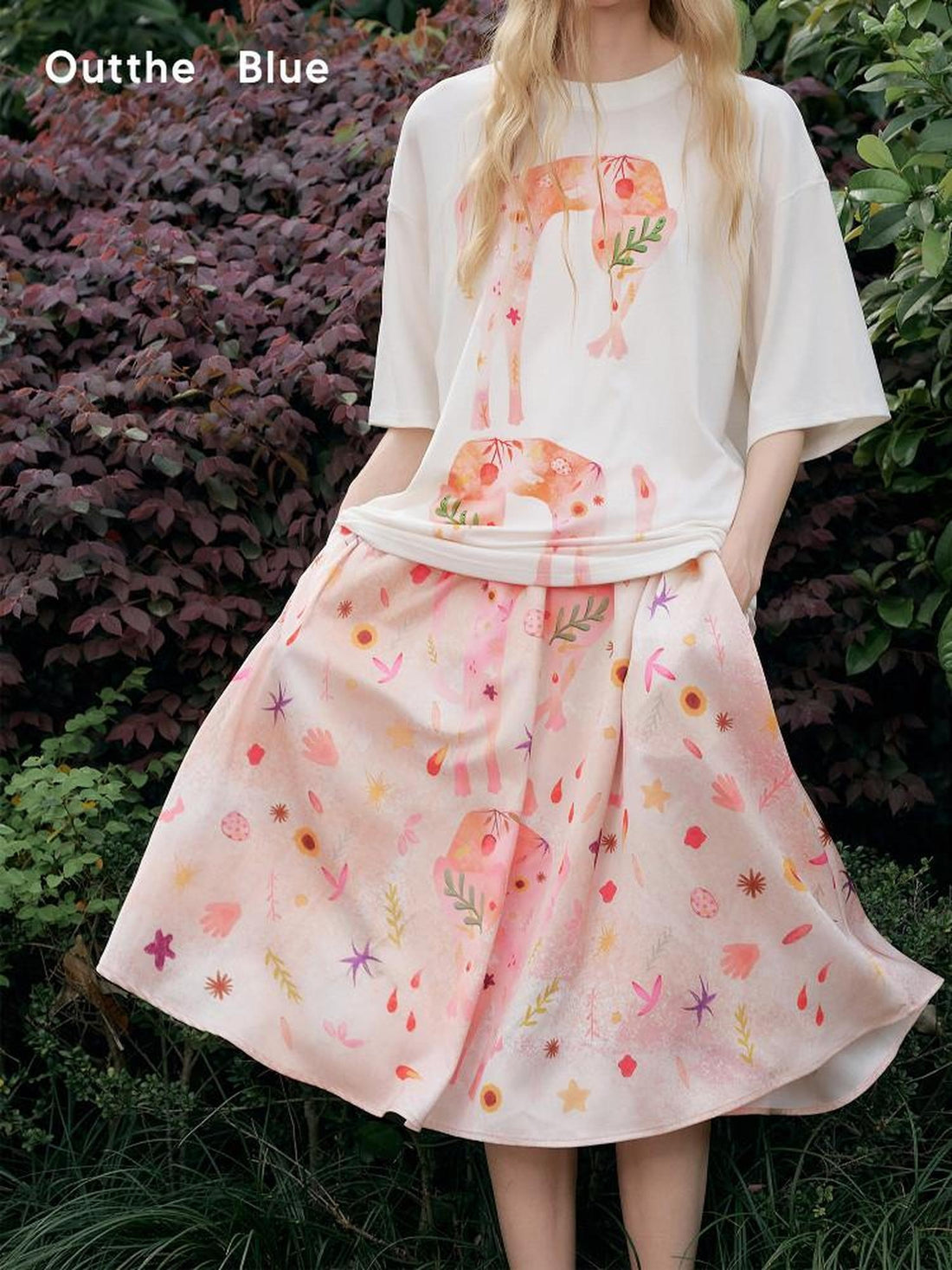 OuttheBlue Flattering Mid Waist Sweet Aline Casual Floral Pink Orange Polyester Midi Skirts