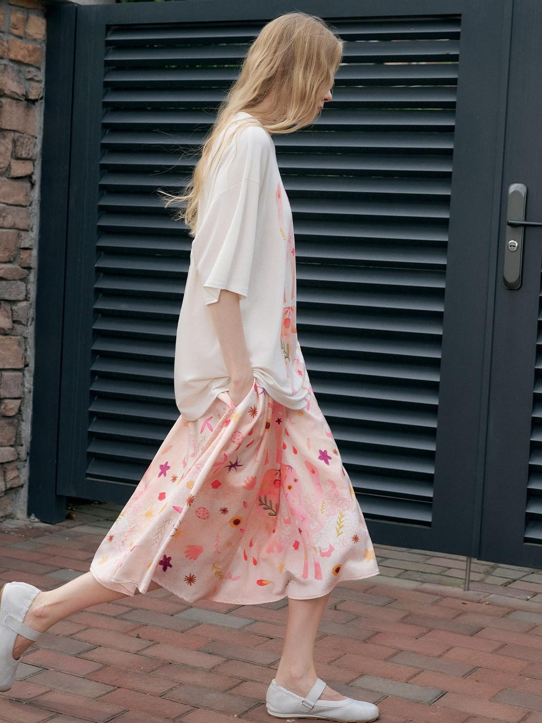 OuttheBlue Flattering Mid Waist Sweet Aline Casual Floral Pink Orange Polyester Midi Skirts