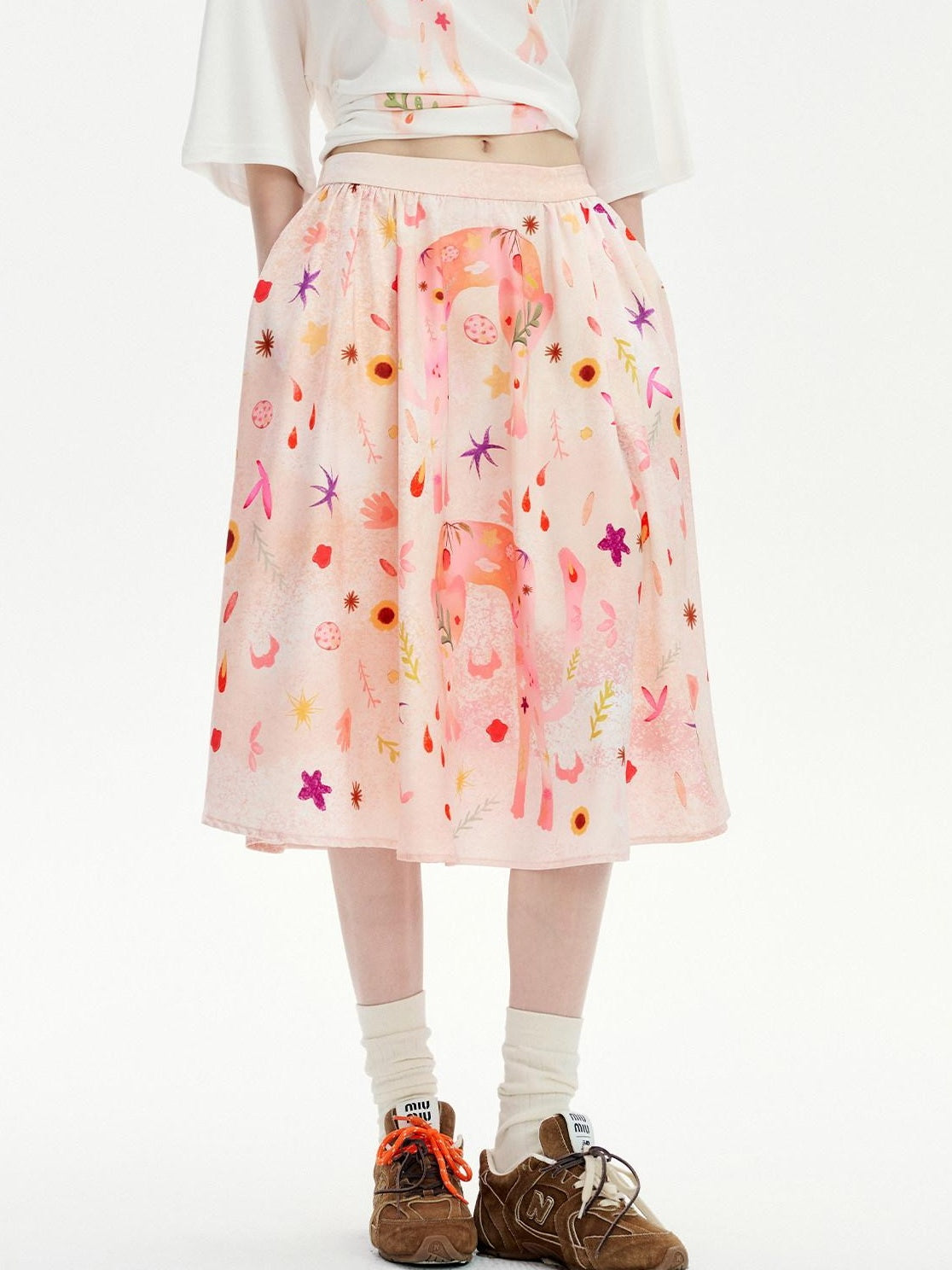 OuttheBlue Flattering Mid Waist Sweet Aline Casual Floral Pink Orange Polyester Midi Skirts