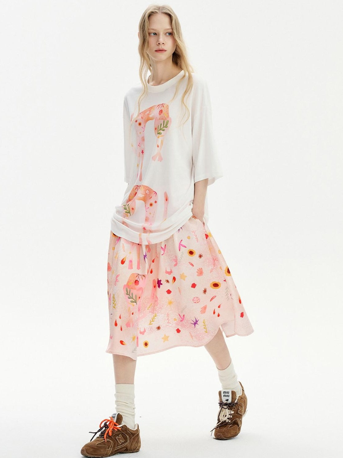 OuttheBlue Flattering Mid Waist Sweet Aline Casual Floral Pink Orange Polyester Midi Skirts