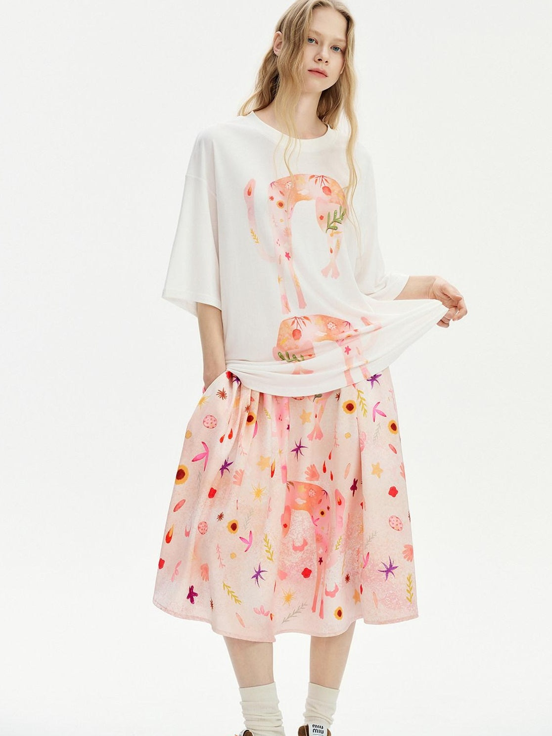 OuttheBlue Flattering Mid Waist Sweet Aline Casual Floral Pink Orange Polyester Midi Skirts