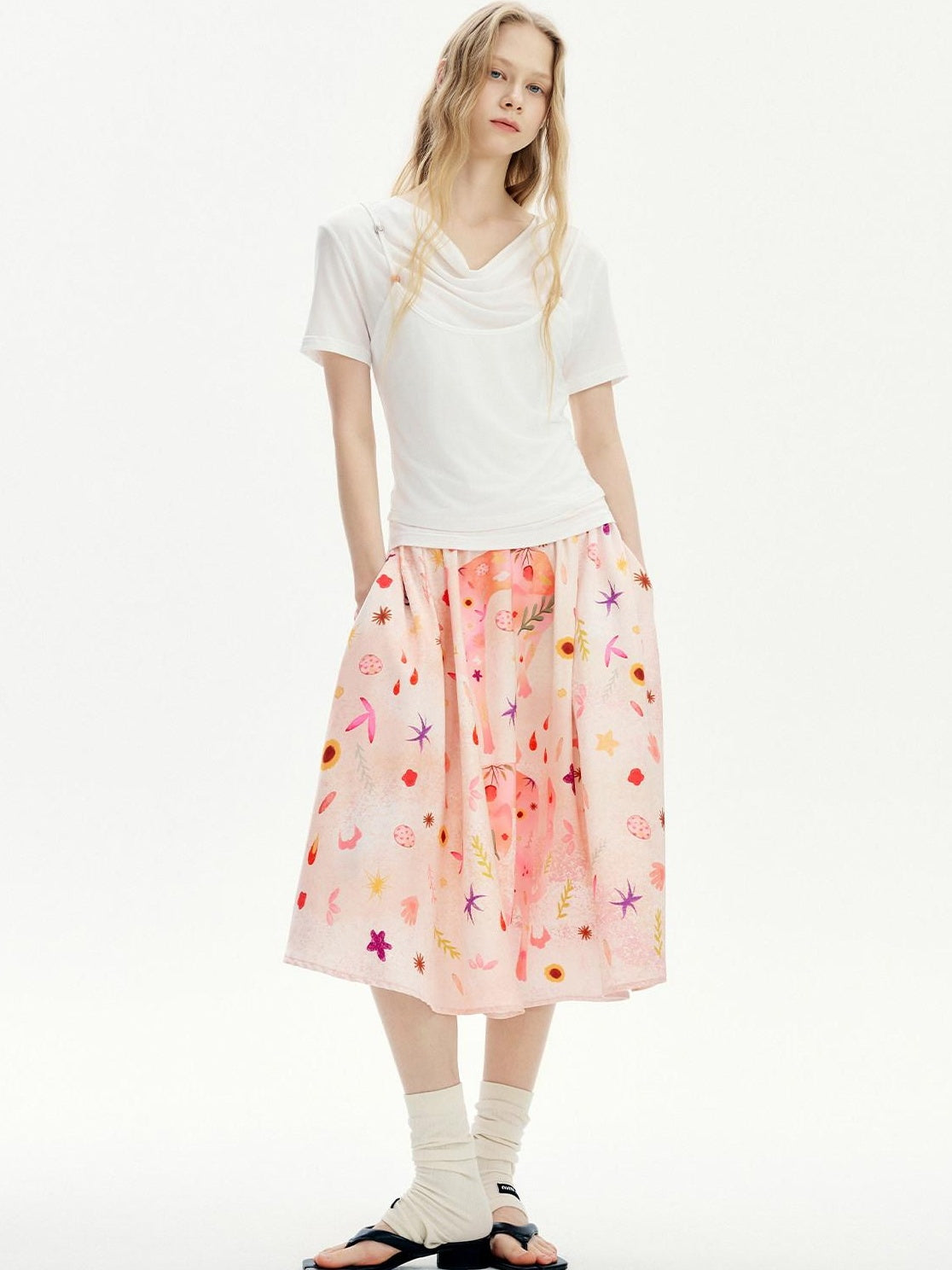 OuttheBlue Flattering Mid Waist Sweet Aline Casual Floral Pink Orange Polyester Midi Skirts