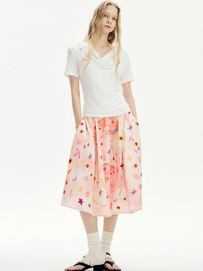 OuttheBlue Flattering Mid Waist Sweet Aline Casual Floral Pink Orange Polyester Midi Skirts