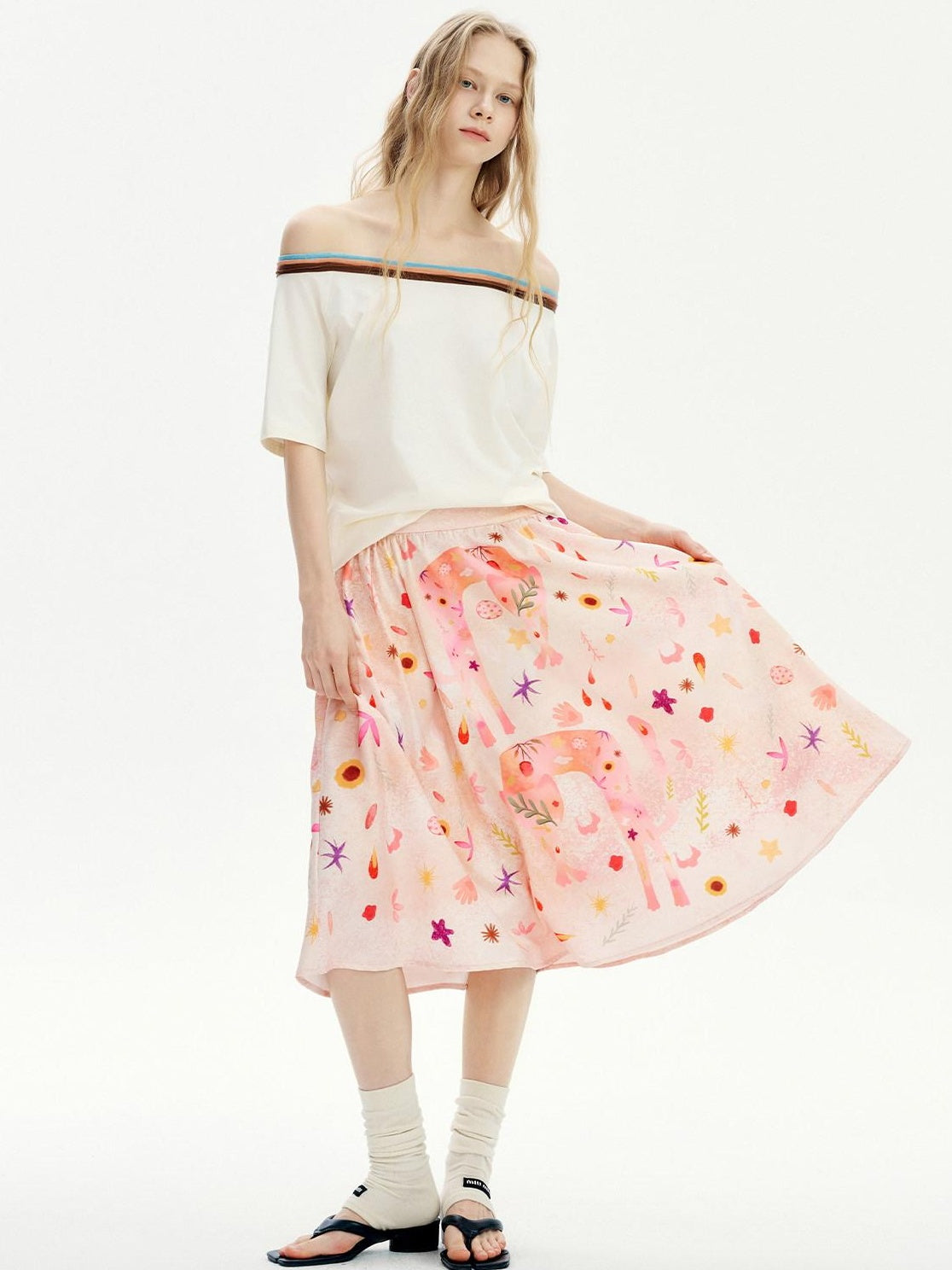 OuttheBlue Flattering Mid Waist Sweet Aline Casual Floral Pink Orange Polyester Midi Skirts