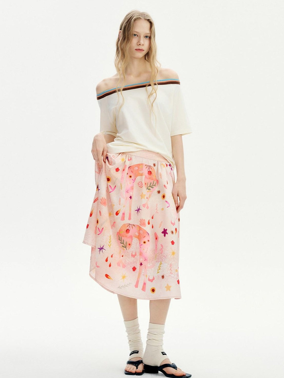 OuttheBlue Flattering Mid Waist Sweet Aline Casual Floral Pink Orange Polyester Midi Skirts