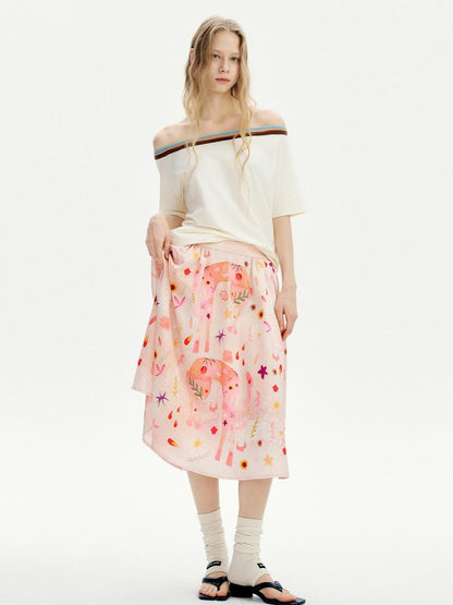 OuttheBlue Flattering Mid Waist Sweet Aline Casual Floral Pink Orange Polyester Midi Skirts