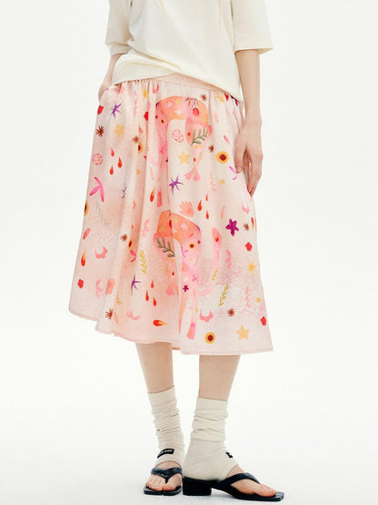 OuttheBlue Flattering Mid Waist Sweet Aline Casual Floral Pink Orange Polyester Midi Skirts
