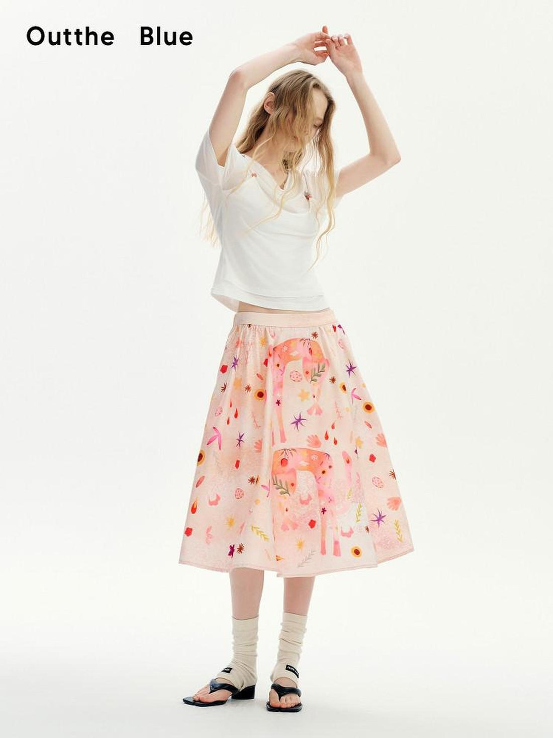 OuttheBlue Flattering Mid Waist Sweet Aline Casual Floral Pink Orange Polyester Midi Skirts
