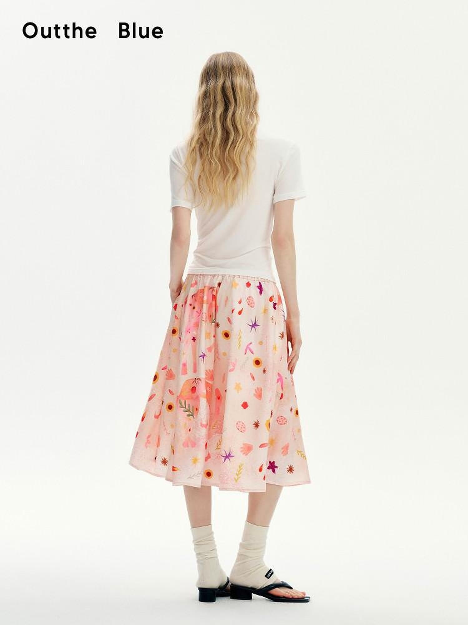 OuttheBlue Flattering Mid Waist Sweet Aline Casual Floral Pink Orange Polyester Midi Skirts