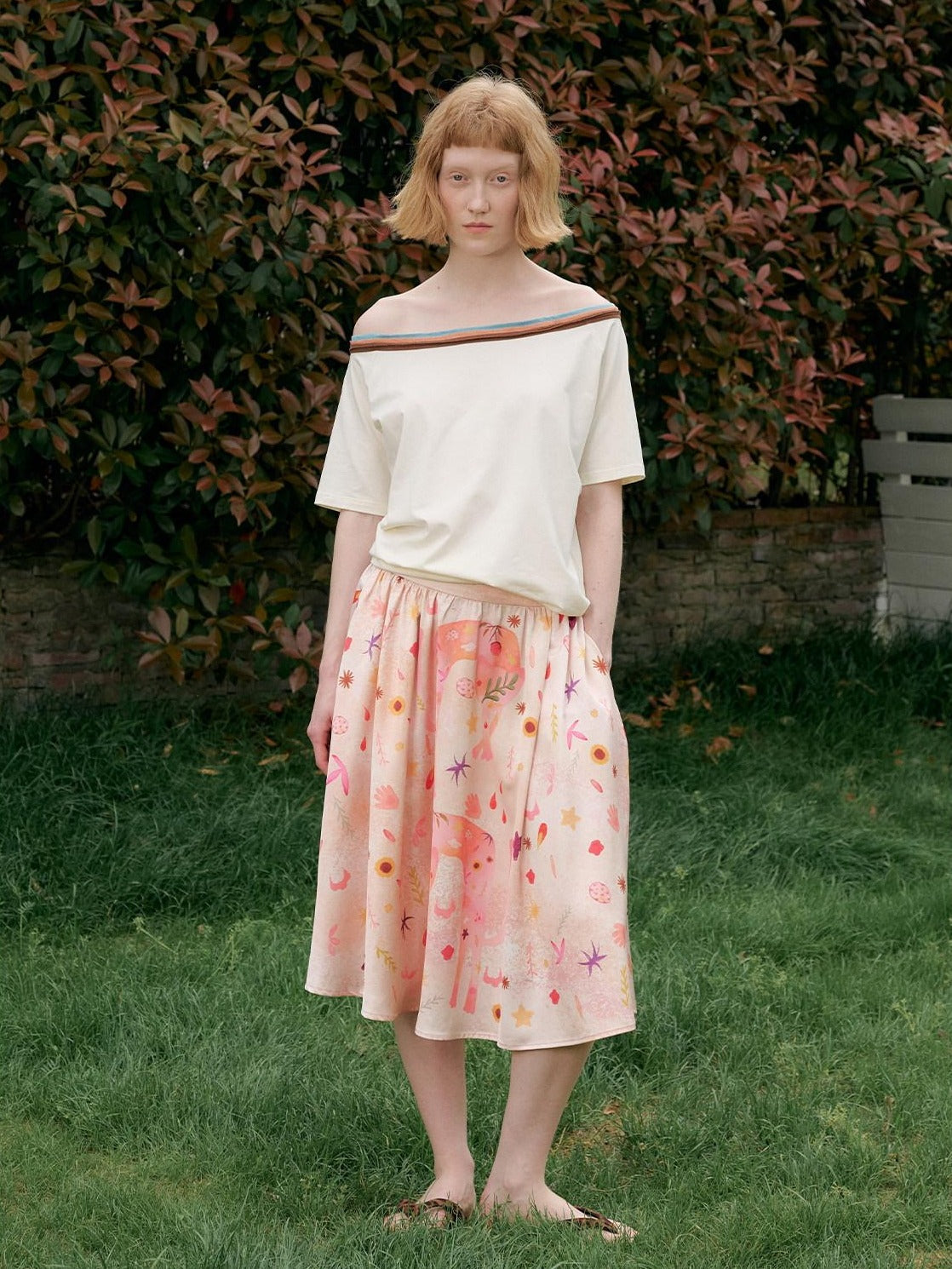 OuttheBlue Flattering Mid Waist Sweet Aline Casual Floral Pink Orange Polyester Midi Skirts