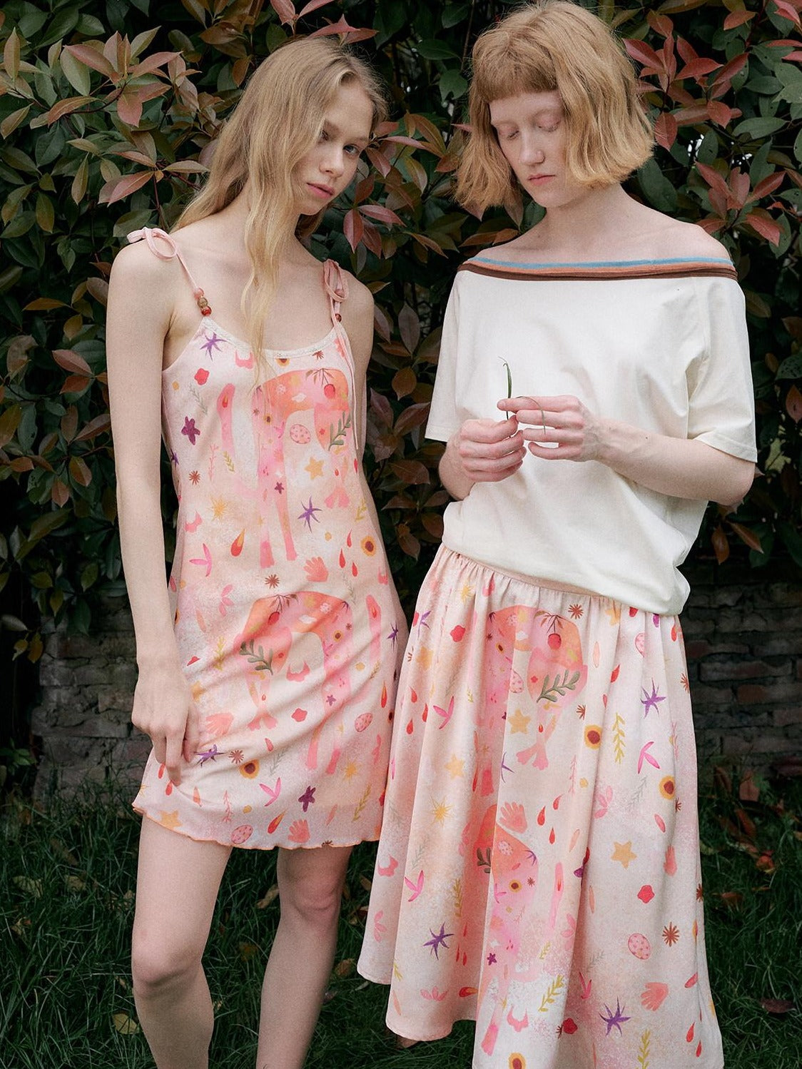 OuttheBlue Flattering Mid Waist Sweet Aline Casual Floral Pink Orange Polyester Midi Skirts