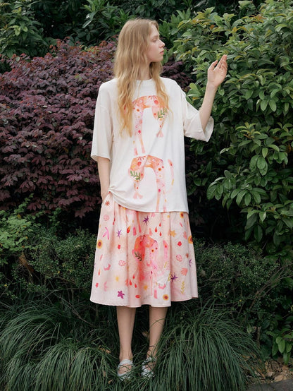 OuttheBlue Flattering Mid Waist Sweet Aline Casual Floral Pink Orange Polyester Midi Skirts