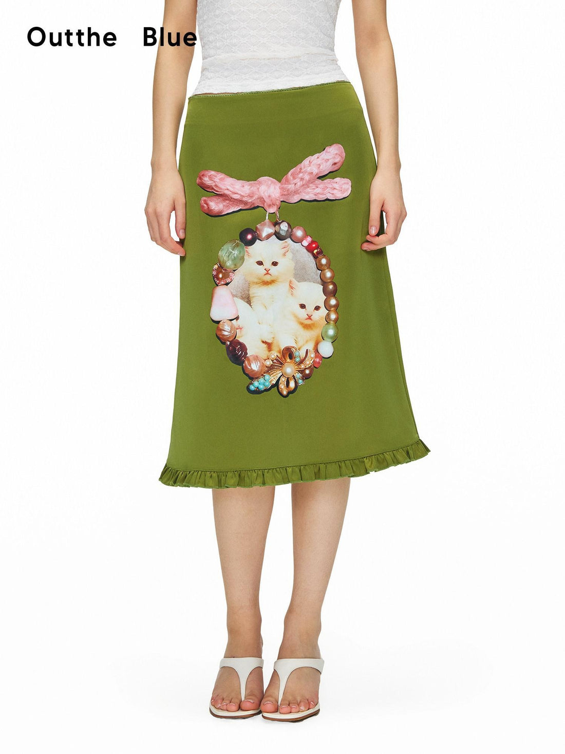 OuttheBlue Flattering Ruffle Print A Line Mid Waist Women Olive Green Polyester Midi Skirts