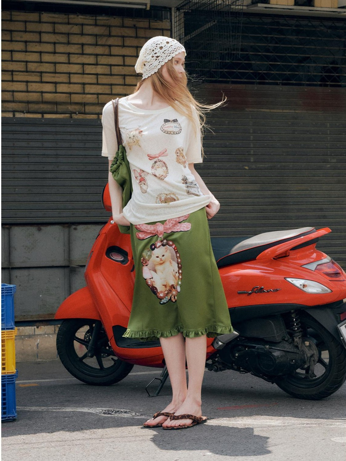 OuttheBlue Flattering Ruffle Print A Line Mid Waist Women Olive Green Polyester Midi Skirts