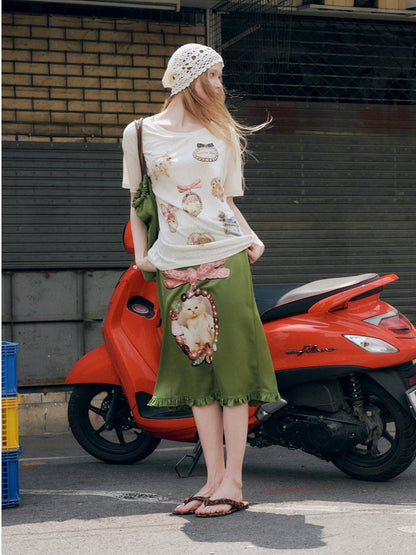 OuttheBlue Flattering Ruffle Print A Line Mid Waist Women Olive Green Polyester Midi Skirts