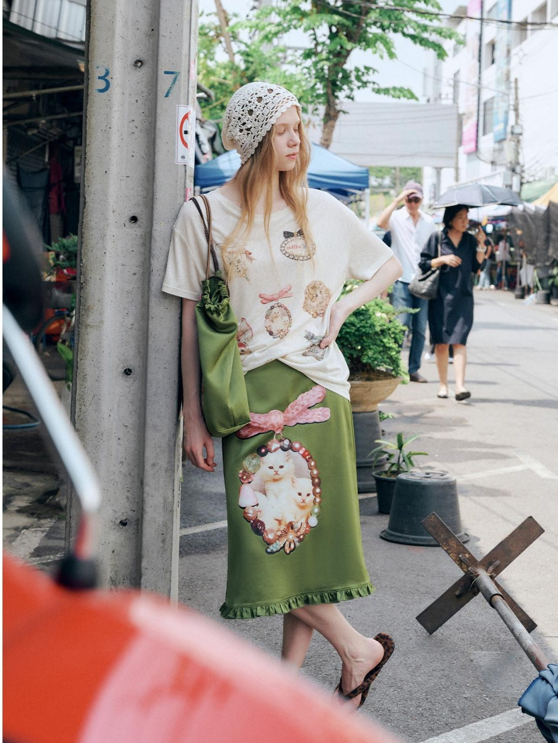 OuttheBlue Flattering Ruffle Print A Line Mid Waist Women Olive Green Polyester Midi Skirts