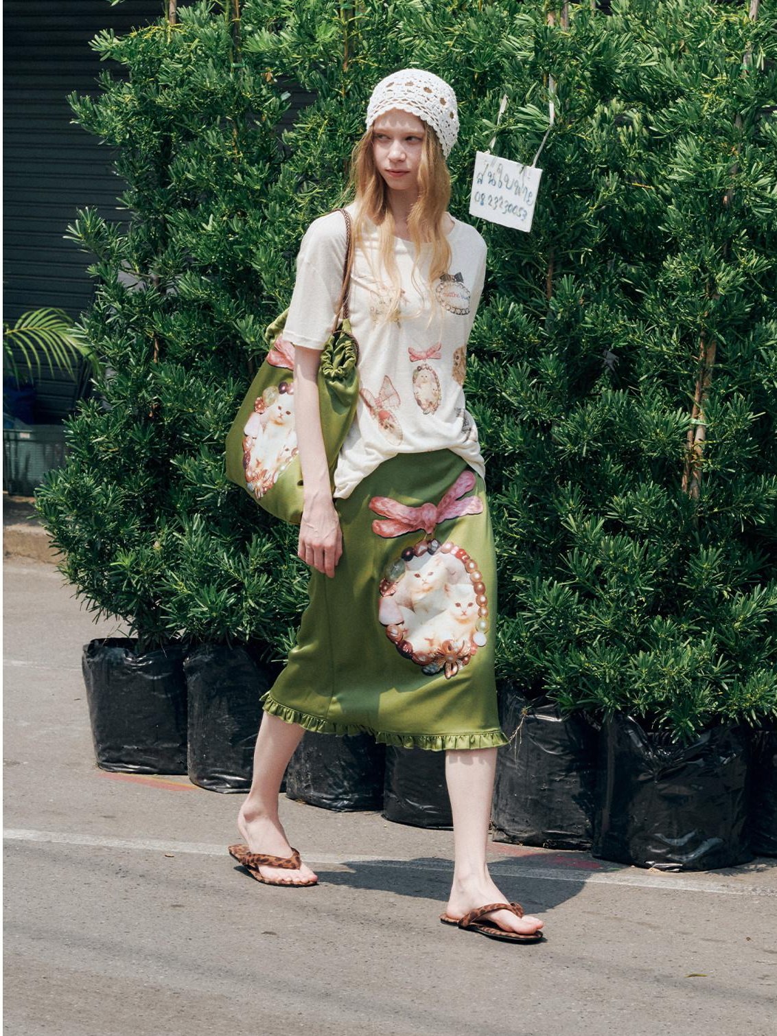 OuttheBlue Flattering Ruffle Print A Line Mid Waist Women Olive Green Polyester Midi Skirts