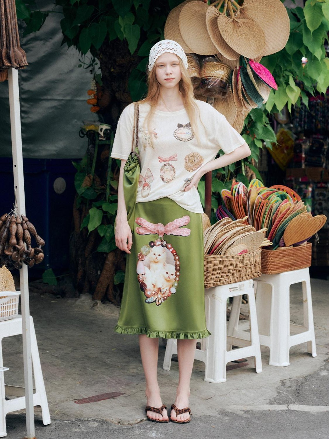 OuttheBlue Flattering Ruffle Print A Line Mid Waist Women Olive Green Polyester Midi Skirts
