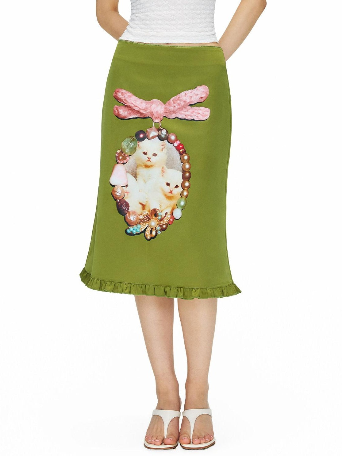 OuttheBlue Flattering Ruffle Print A Line Mid Waist Women Olive Green Polyester Midi Skirts