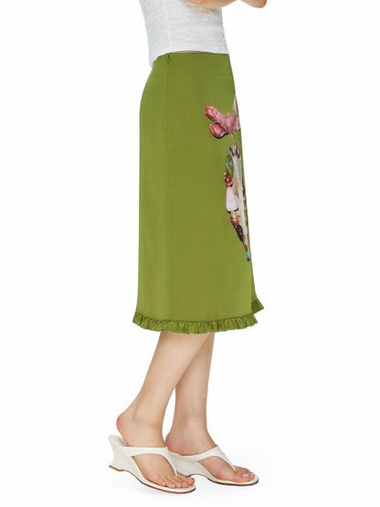 OuttheBlue Flattering Ruffle Print A Line Mid Waist Women Olive Green Polyester Midi Skirts