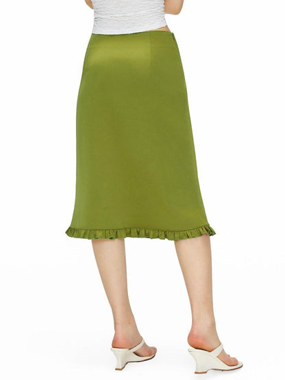 OuttheBlue Flattering Ruffle Print A Line Mid Waist Women Olive Green Polyester Midi Skirts