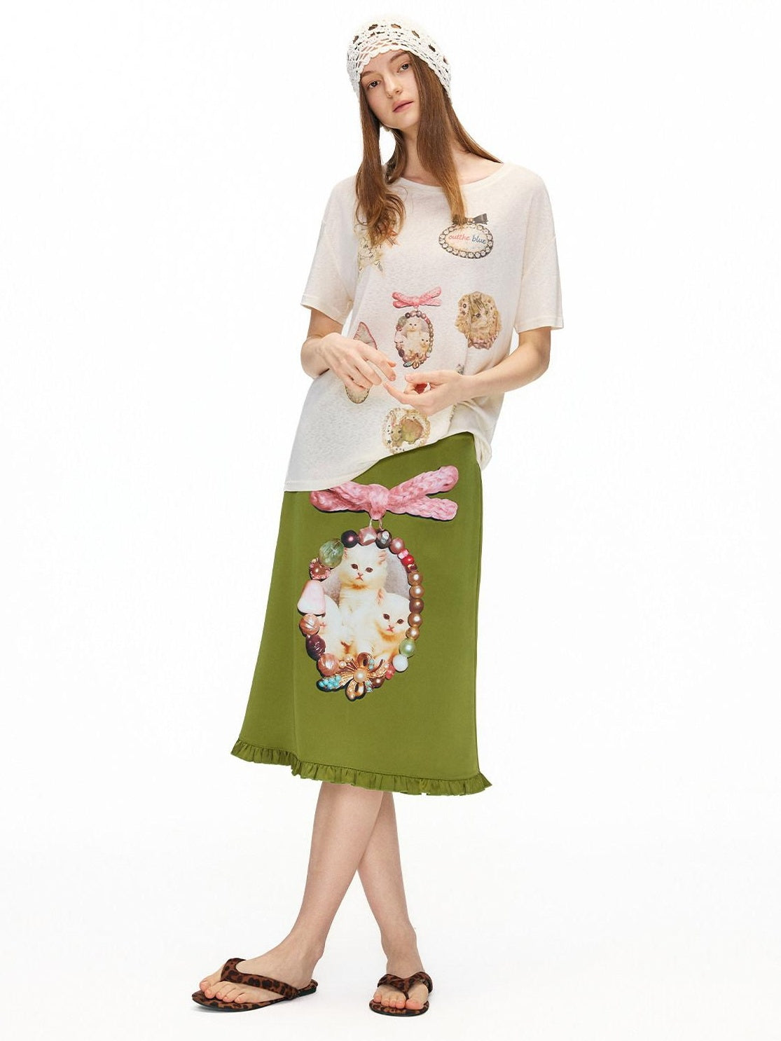 OuttheBlue Flattering Ruffle Print A Line Mid Waist Women Olive Green Polyester Midi Skirts