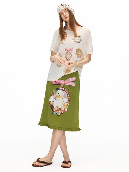 OuttheBlue Flattering Ruffle Print A Line Mid Waist Women Olive Green Polyester Midi Skirts