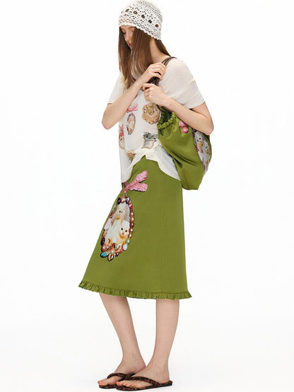OuttheBlue Flattering Ruffle Print A Line Mid Waist Women Olive Green Polyester Midi Skirts